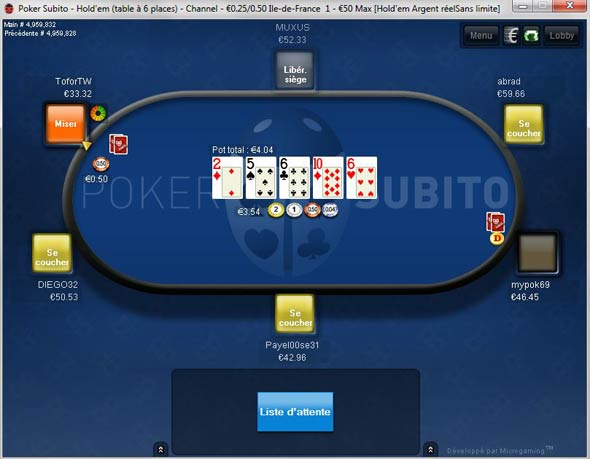 table de jeu du logiciel de poker de Subito
